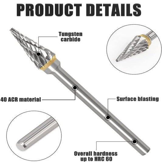10Pcs Double Cut Carbide Rotary Burr Set, 1/8in Shank, Tungsten Carbide Bits