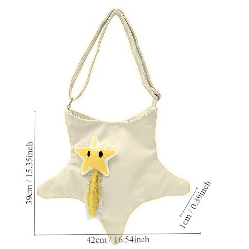 Star Shape Crossbody Bag Canvas Shoulder Tote Plush Star Rainbow Tassel Cream