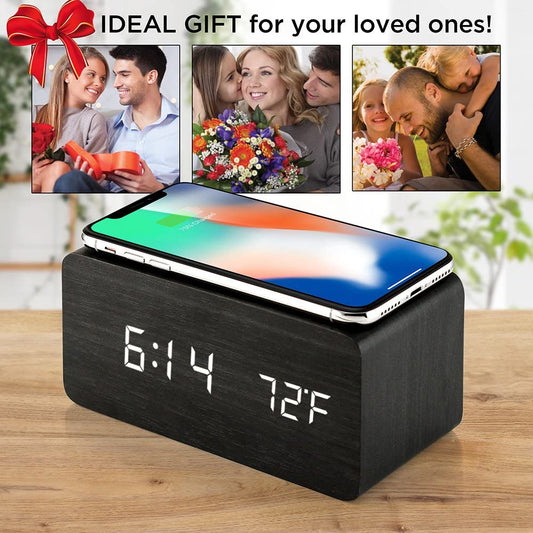 Wooden Digital Clock With In-build Wireless Charger