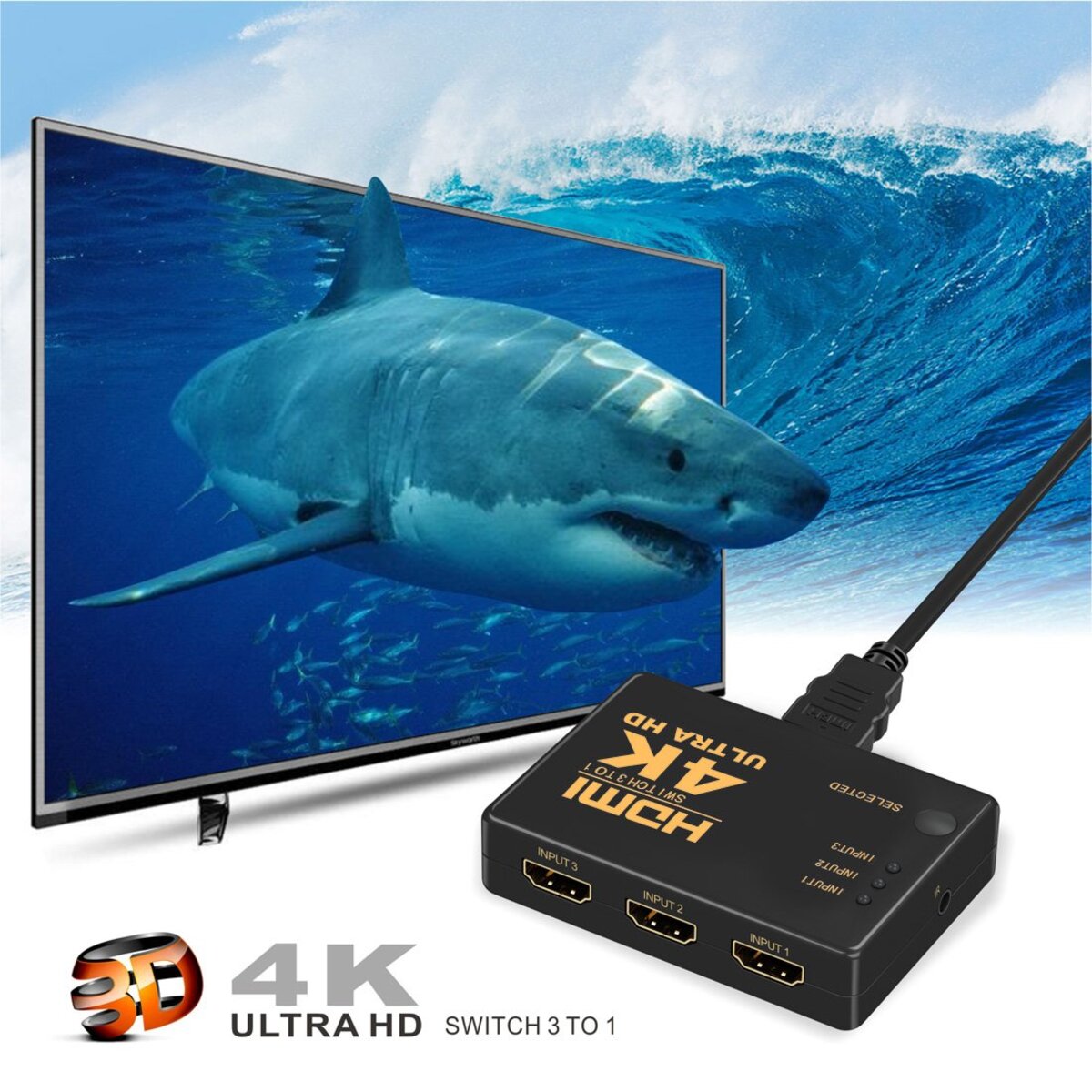 3-Port HDTV Switch with IR Remote, 4K