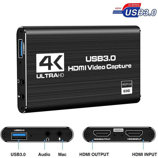 Audio Video Capture Card, 4K HDMI USB 3.0 Capture Adapter, 1080P 60fps Portable Video Converter for Gaming, Live Broadcast, Video Recording, Game Capture Card