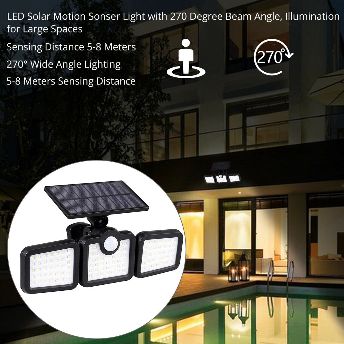 3 Head 108 LED Solar Wall Lights