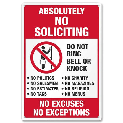 Absolutely No Soliciting Sign 3.75 x 5.5 in Aluminum Reflective Red Home Door