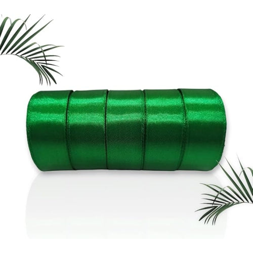 5 pack green polyester satin ribbon rolls, 25mm width