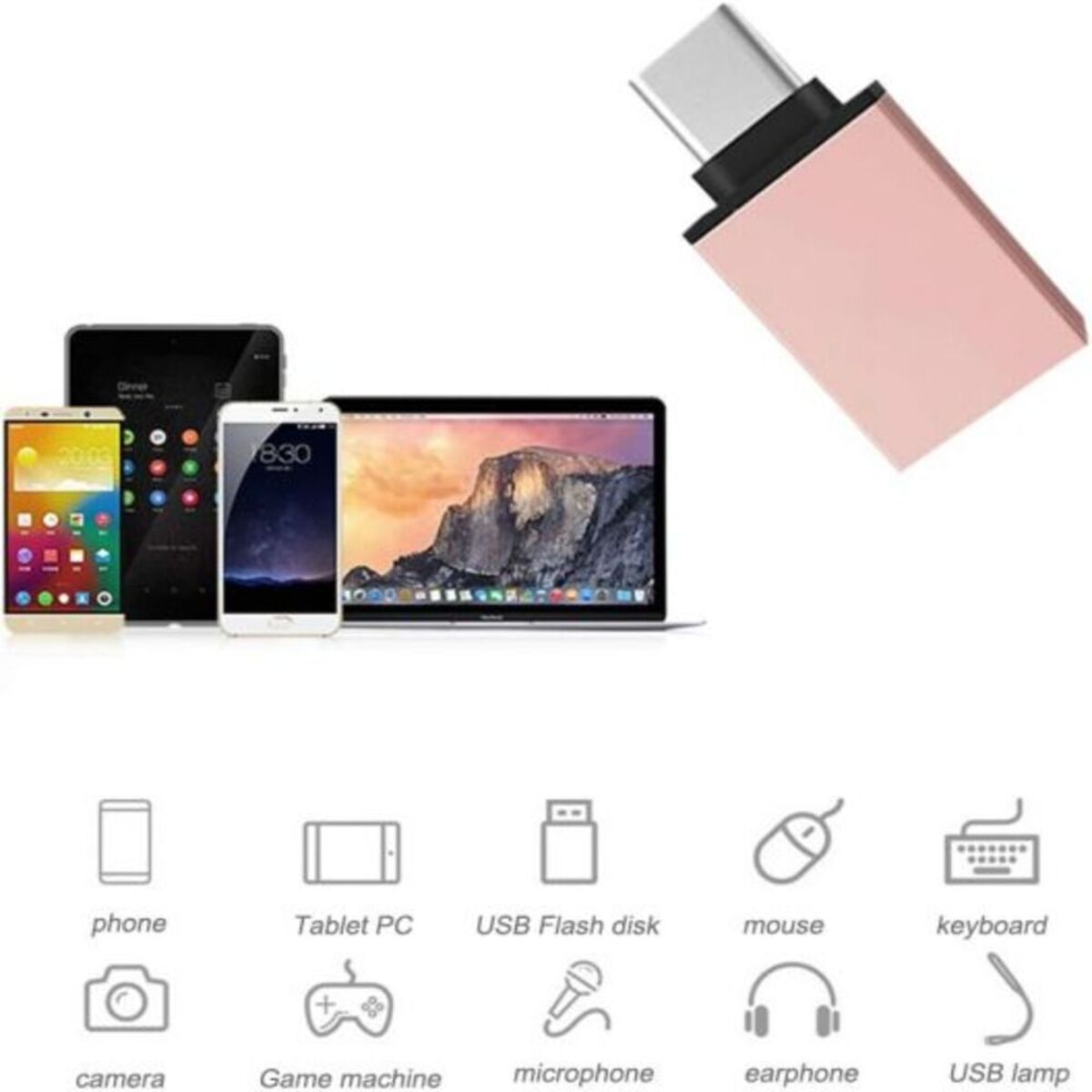 Type C Male to USB 3.0 A Female OTG USB-C Adapter -Rose Gold