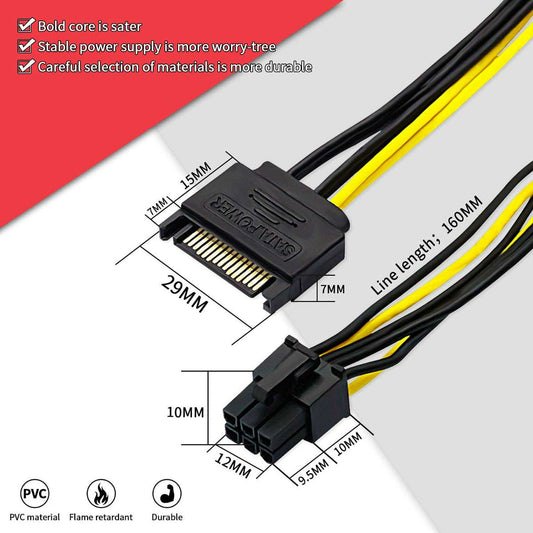 15pin SATA Power to 6pin PCIe PCI-e PCI Express Adapter Cable
