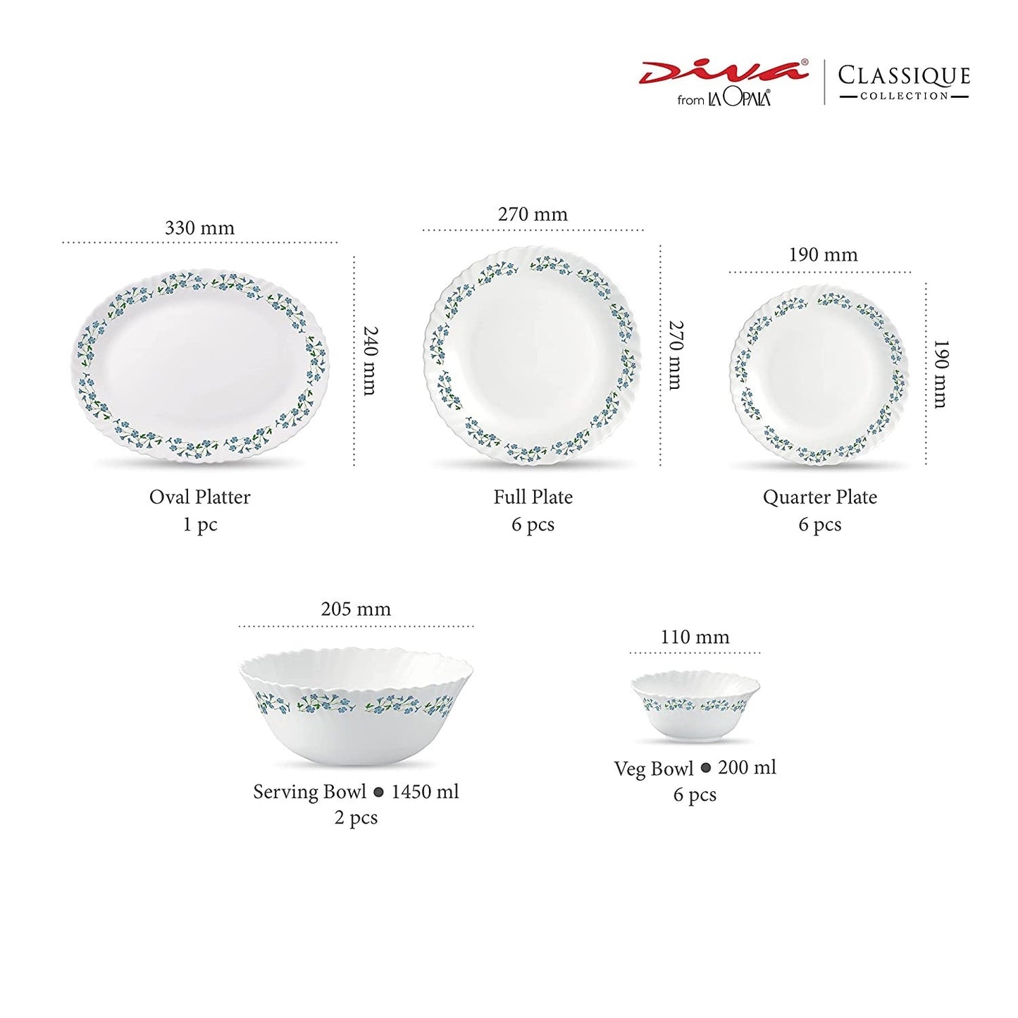 La Opal Glass, Classique Collection, Glass Dinner Set 21 pcs-LAVENDER DEW