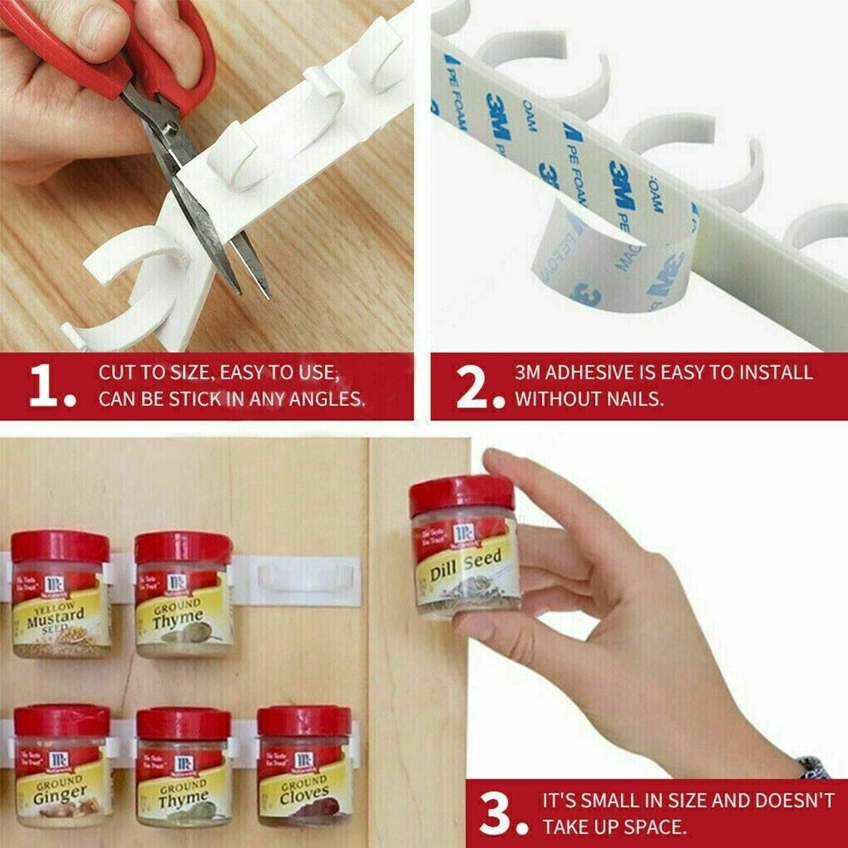 Adhesive Spice Jar Clip Strips, Wall Mounted 4 Pack