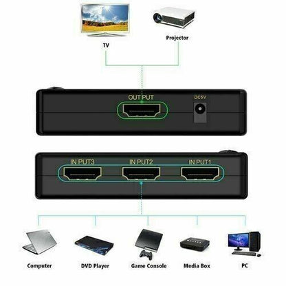 3-Port HDTV Switch Splitter Box with IR Remote, 3 In 1 Out