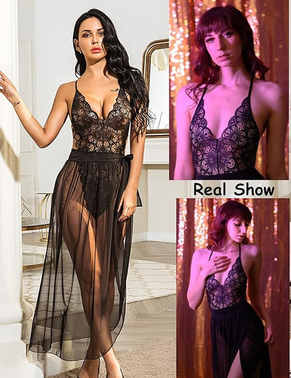 V-neck Wave Trim Teddy Lingerie Jump Bodysuit Back Hollowed-out Women