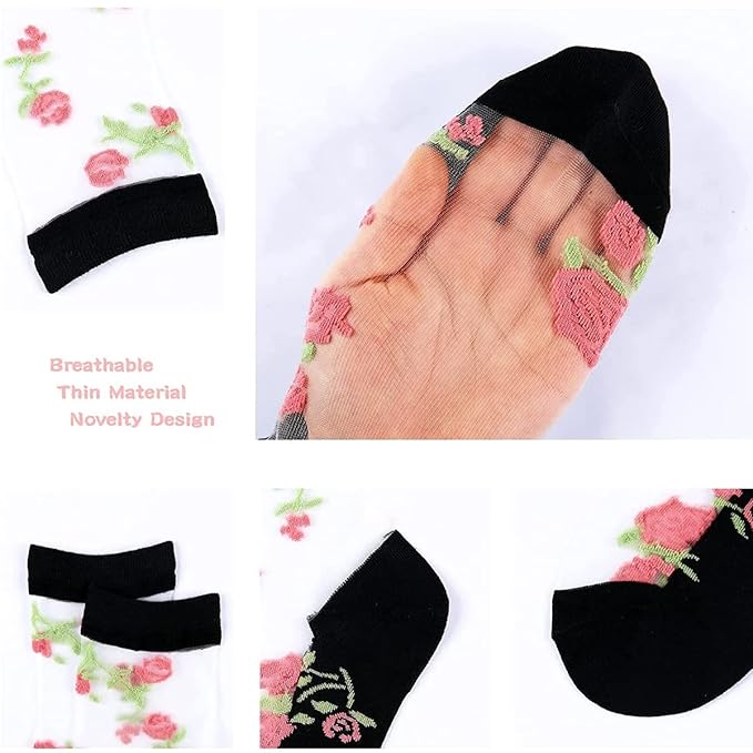 5 Flower Print Short Socks Breathable Lightweight Mesh Women's Stockings Hosiery