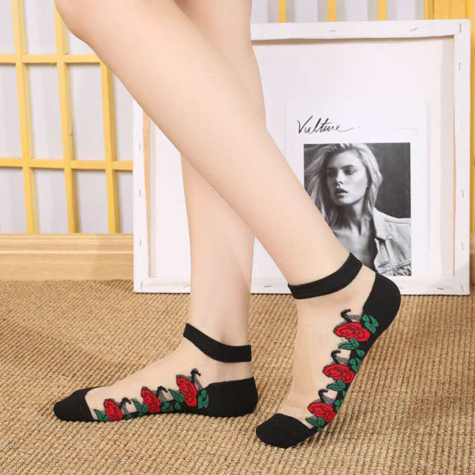 5 Flower Print Short Socks Breathable Lightweight Mesh Women's Stockings Hosiery