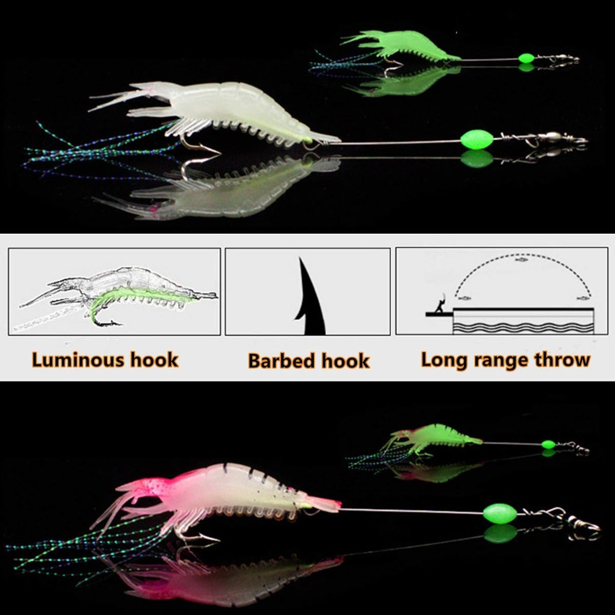 7 pcs / OPP Luminous Shrimp Silicon Soft Lure Catch Fish Artificial Bait Hook