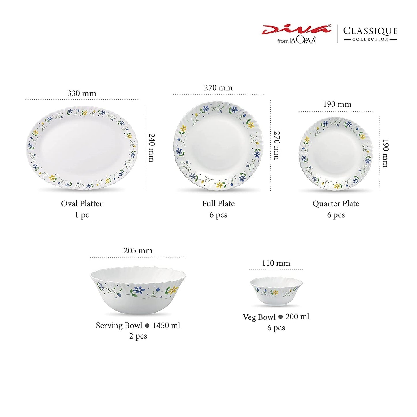 La Opal Glass, Classique Collection, Glass Dinner Set 21 pcs-TWILIGHT BOUQUET