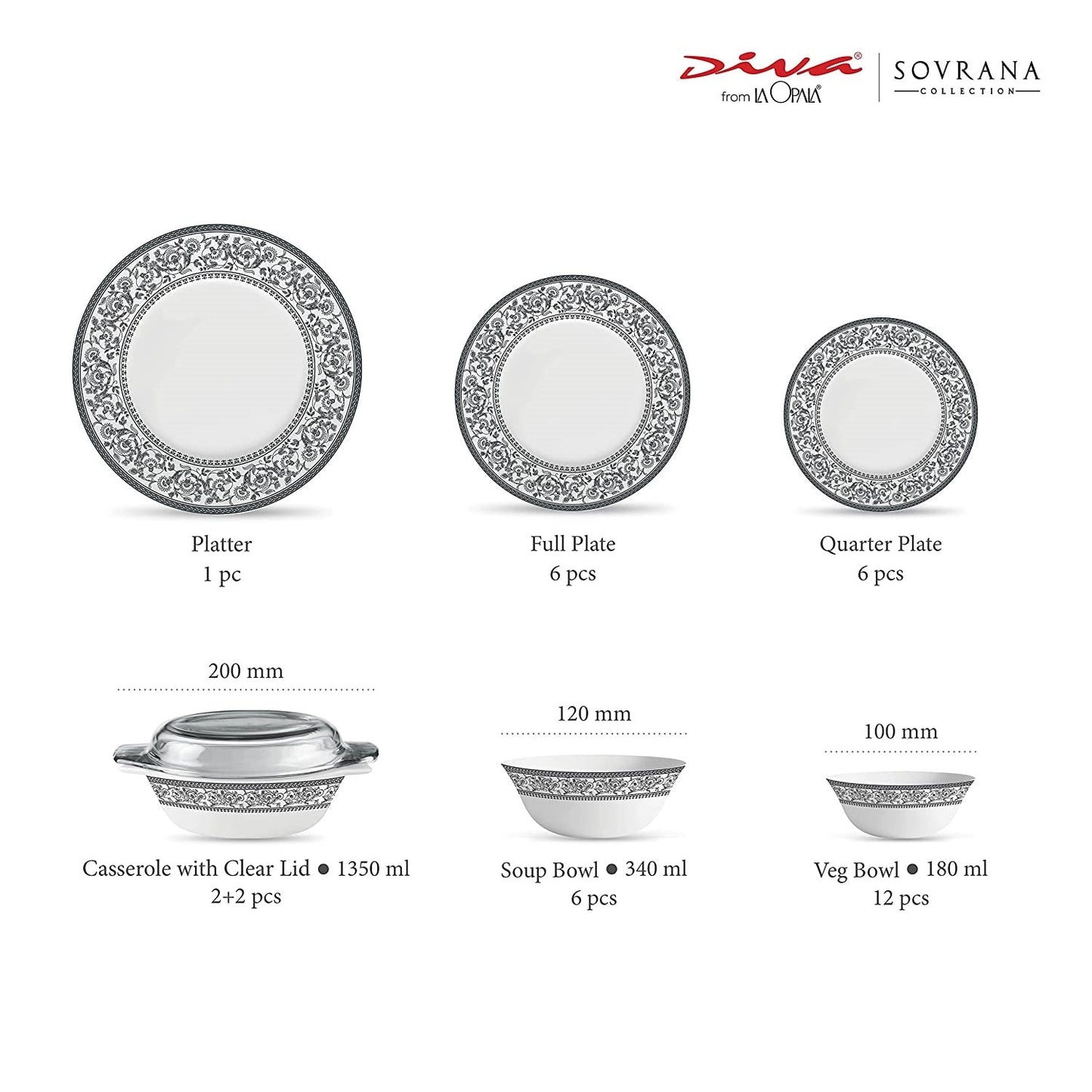 La Opal Glass Diva, Sovrana Collection, Opal Glass Dinner Set 35 Pieces-PERSIAN GREY
