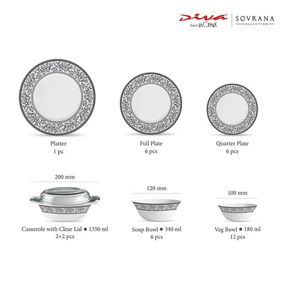 La Opal Glass Diva, Sovrana Collection, Opal Glass Dinner Set 35 Pieces-PERSIAN GREY