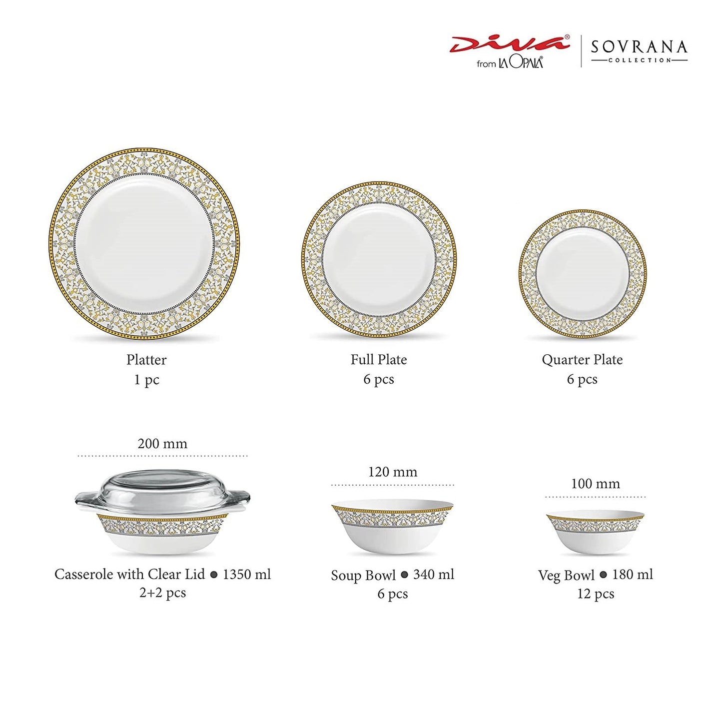 La Opal Glass Diva, Sovrana Collection, Opal Glass Dinner Set 35 Pieces-ANASSA RED