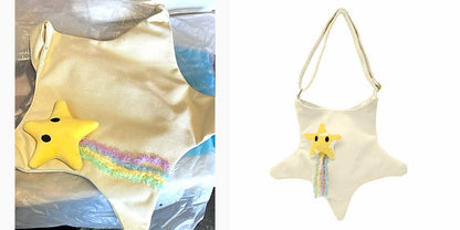 Star Shape Crossbody Bag Canvas Shoulder Tote Plush Star Rainbow Tassel Cream