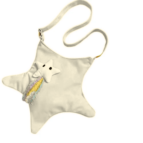 Star Shape Crossbody Bag Canvas Shoulder Tote Plush Star Rainbow Tassel Cream