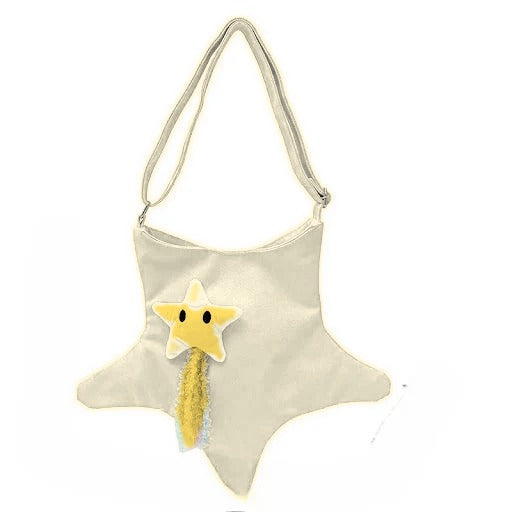 Star Shape Crossbody Bag Canvas Shoulder Tote Plush Star Rainbow Tassel Cream