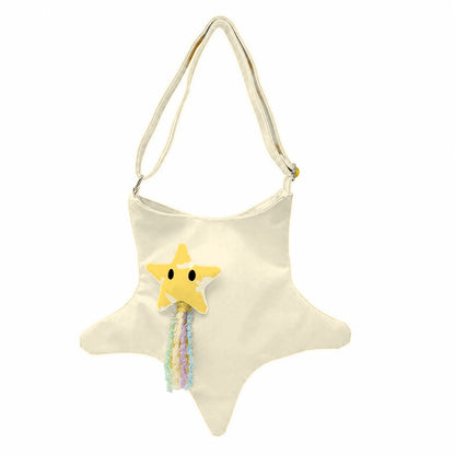 Star Shape Crossbody Bag Canvas Shoulder Tote Plush Star Rainbow Tassel Cream