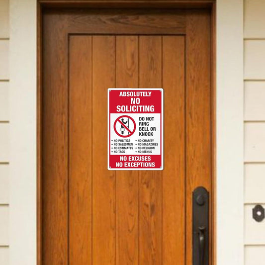 Absolutely No Soliciting Sign 3.75 x 5.5 in Aluminum Reflective Red Home Door