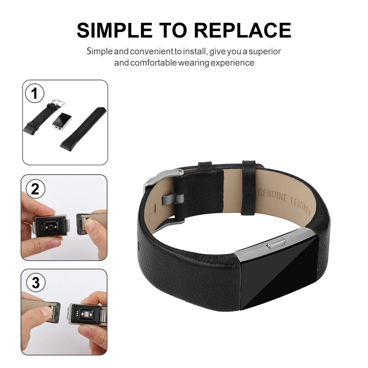 Leather band For Fitness Tracker -Black