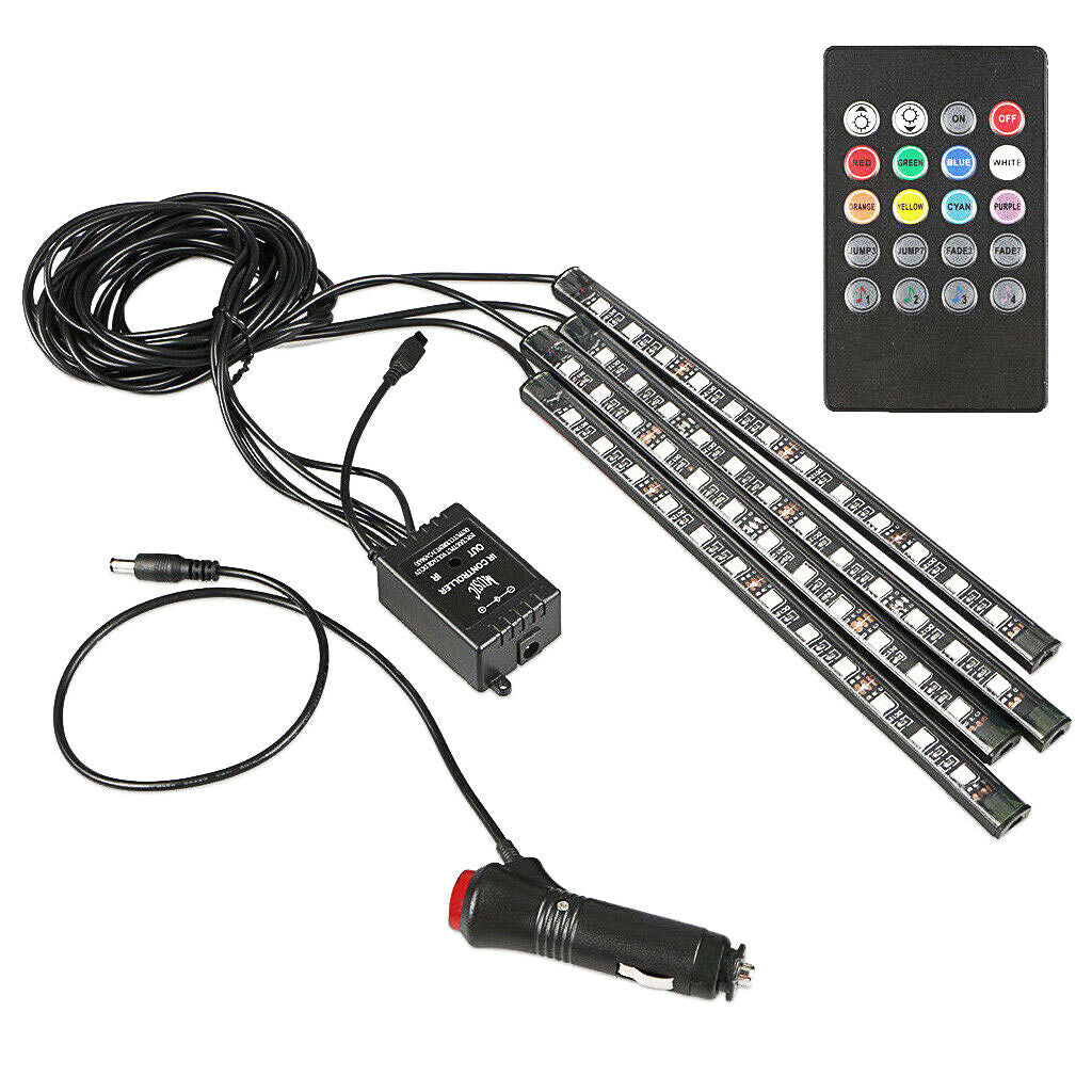 4Pcs 12LED RGB Car Interior 12V LED Strip Lights with Remote