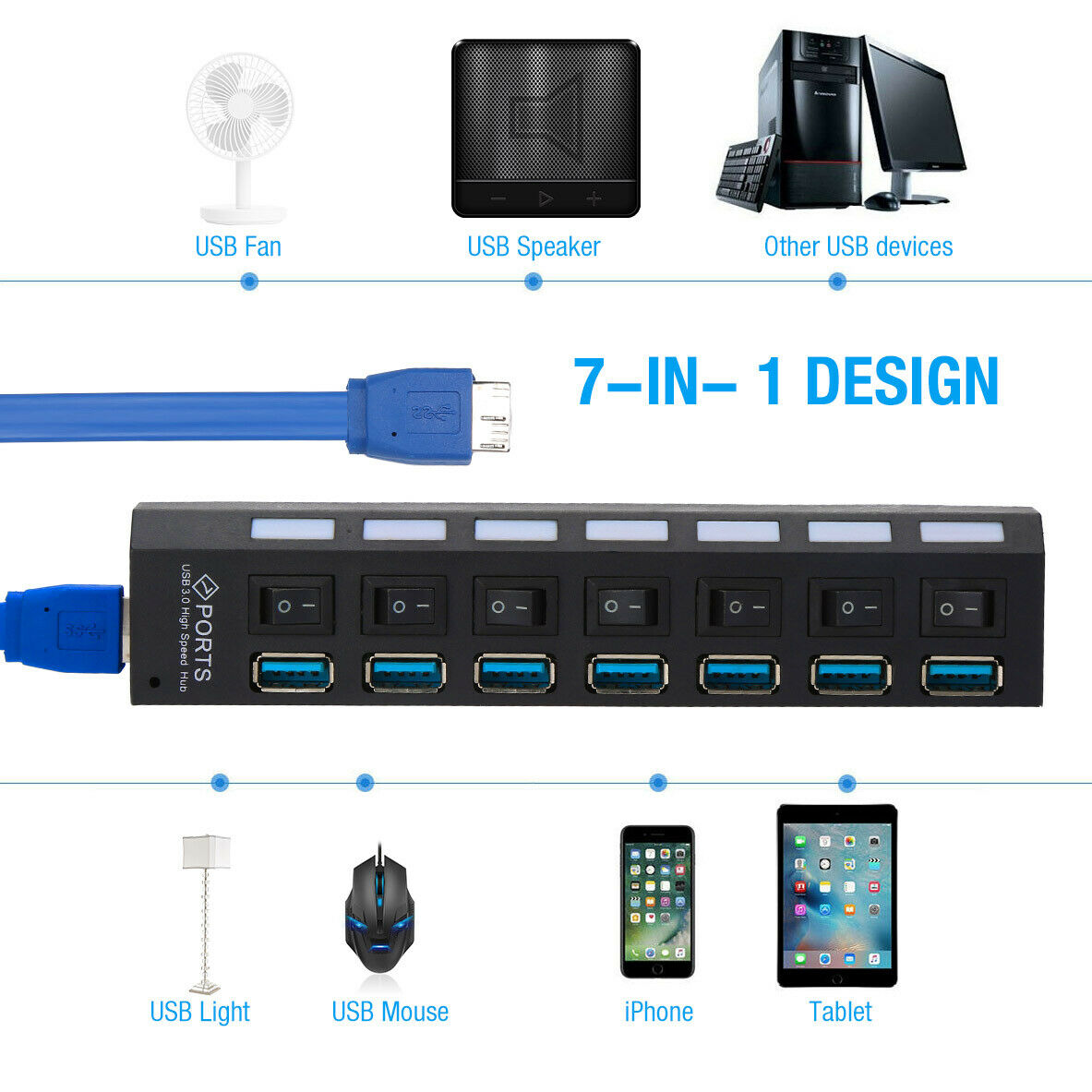 7-Port USB 3.0 Hub with Individual Power Switches & LEDs