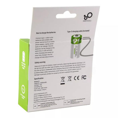 USB D Lithium ion Rechargeable Battery, High Capacity 1.5V 12000mWh Rechargeable D Battery, 4 H Fast Charge