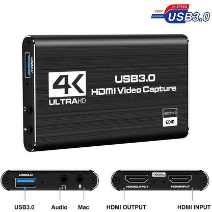 Audio Video Capture Card, 4K HDMI USB 3.0 Capture Adapter, 1080P 60fps Portable Video Converter for Gaming, Live Broadcast, Video Recording, Game Capture Card