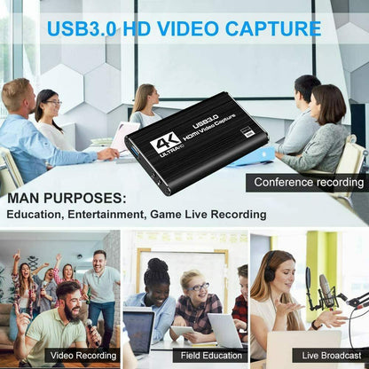 Audio Video Capture Card, 4K HDMI USB 3.0 Capture Adapter, 1080P 60fps Portable Video Converter for Gaming, Live Broadcast, Video Recording, Game Capture Card