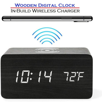 Wooden Digital Clock With In-build Wireless Charger