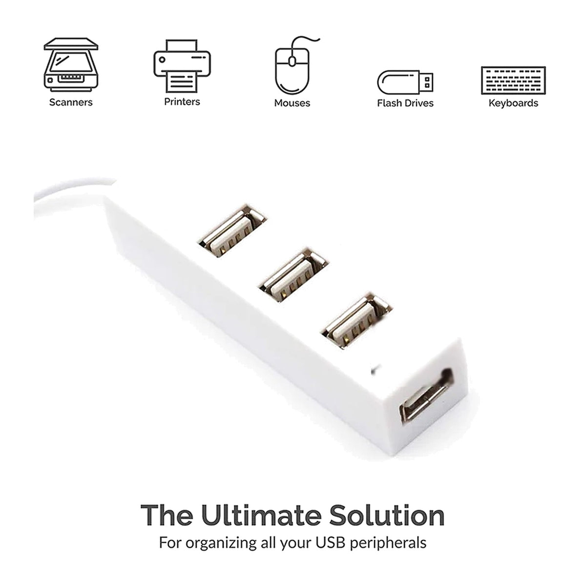 4 Port USB 2.0 Hub Splitter High Speed Compact Data Hub with Attached Cable for Laptop PC White