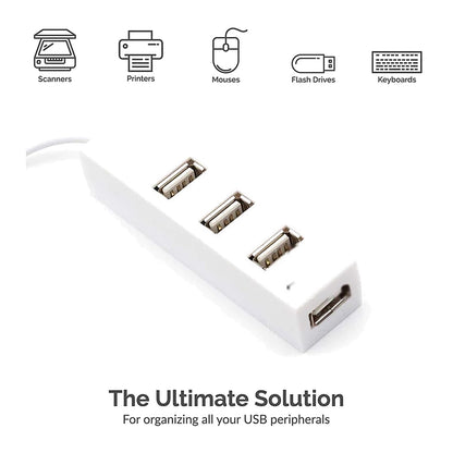 4 Port USB 2.0 Hub Splitter High Speed Compact Data Hub with Attached Cable for Laptop PC White