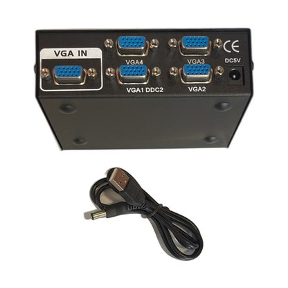4-Port VGA Splitter Box – 1 In 4 Out Video Duplicator for Monitors, Projectors & Displays – Metal Housing, USB Powered